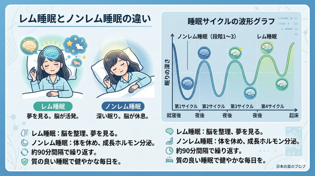 レム睡眠とノンレム睡眠の違いと睡眠サイクルを説明する図