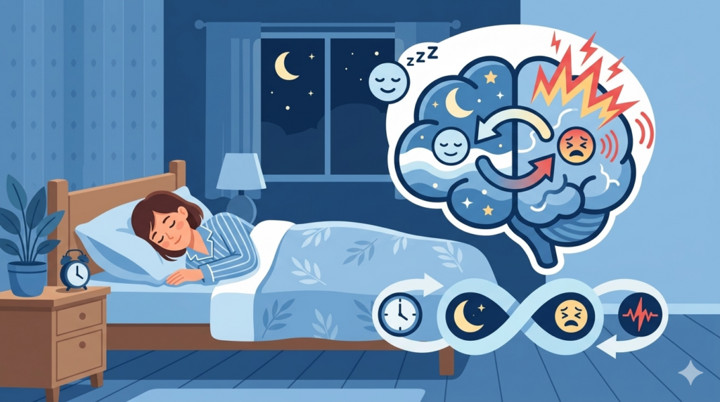 睡眠と頭痛の関係を示すベッドと脳のイラスト