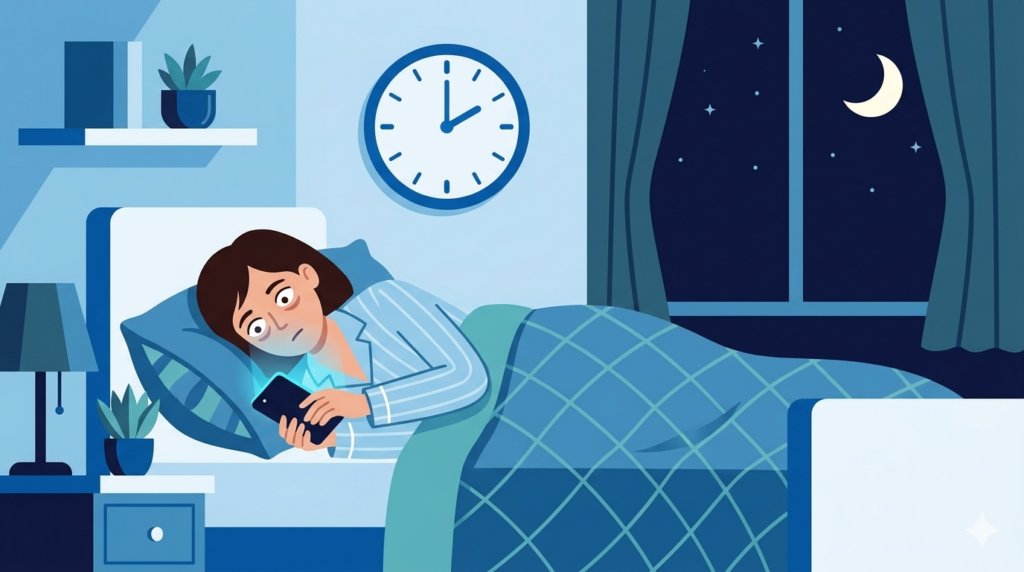 睡眠サイクルが乱れている様子を表した時計と眠れない人物のイラスト