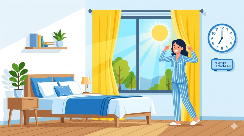 睡眠サイクルを整える生活リズムをイメージした太陽と時計のイラスト