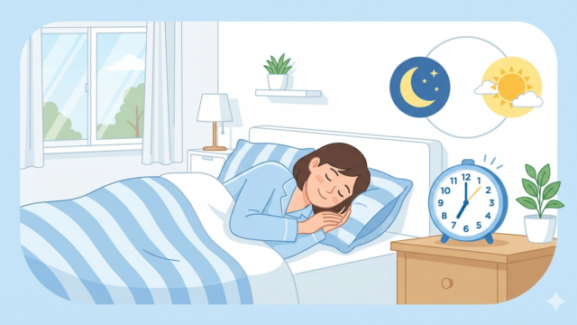 睡眠サイクルを整えることをイメージしたベッドと時計のイラスト