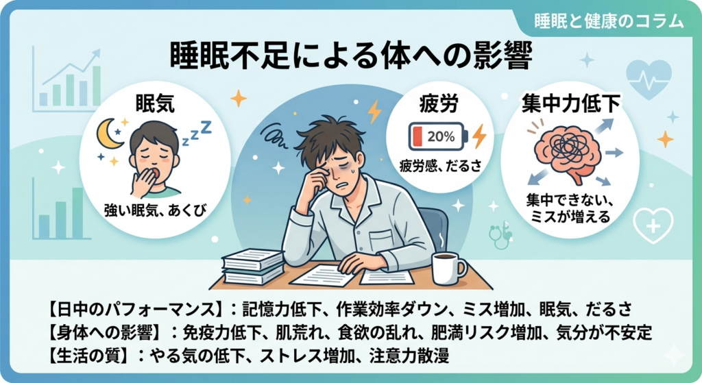 睡眠不足による疲労や体調変化を示すイメージ