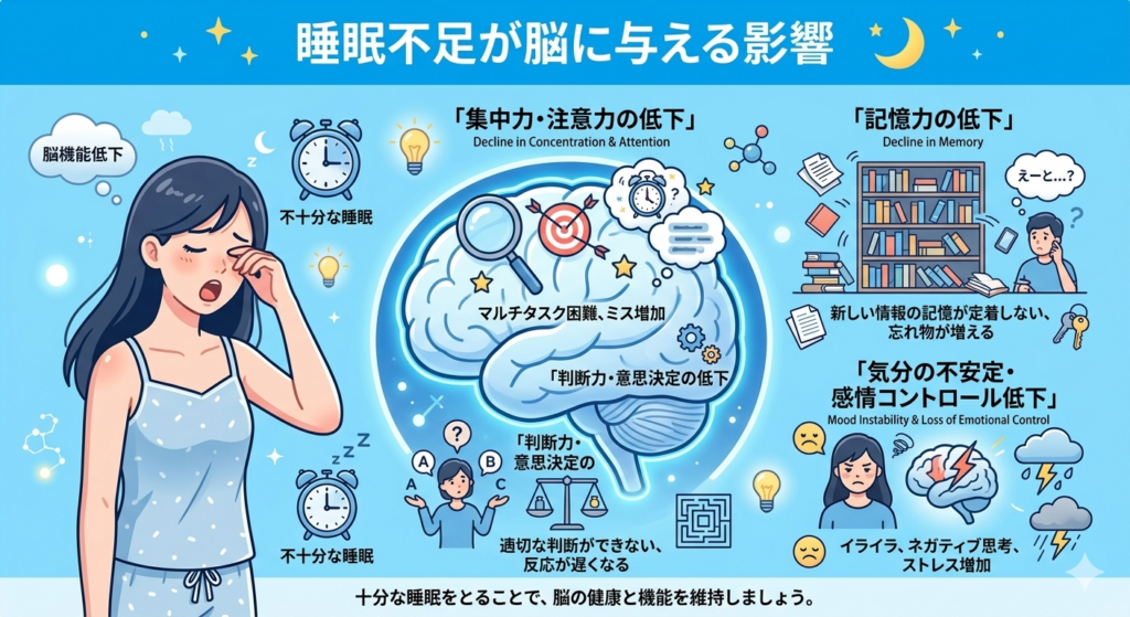 睡眠不足が脳の集中力や記憶に影響するイメージ