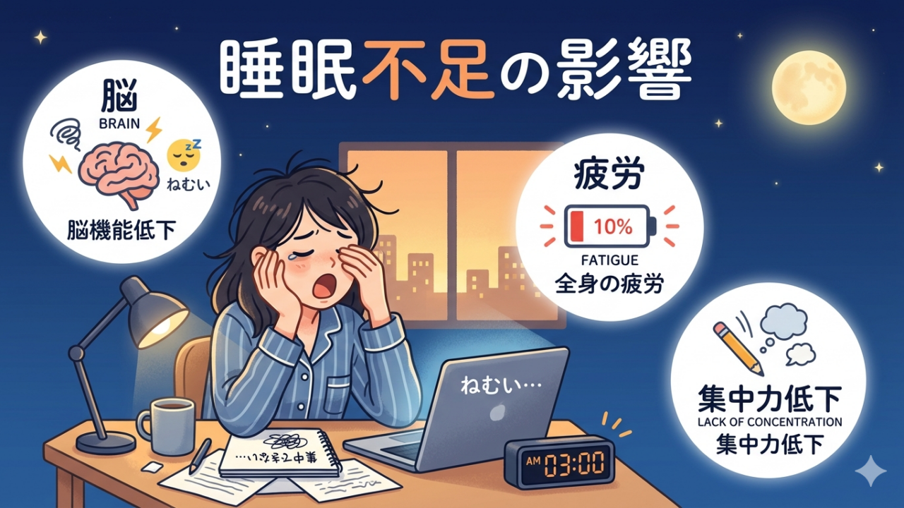 睡眠不足になると体と脳にどのような変化が起こるのかを示すイメージ