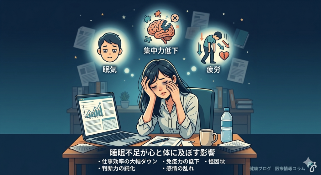 睡眠不足による集中力低下や疲労を表すイメージ