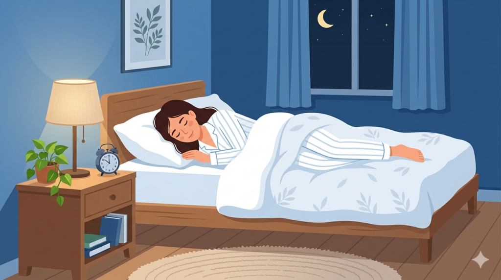 良い睡眠習慣をイメージしたリラックスして眠る人物のイラスト