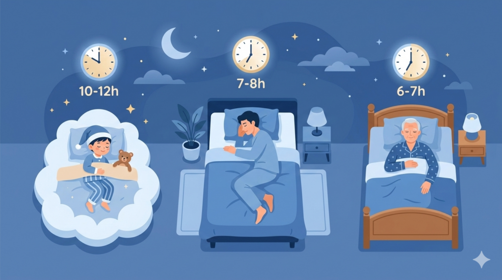 子ども・大人・高齢者の睡眠時間を表したイラスト