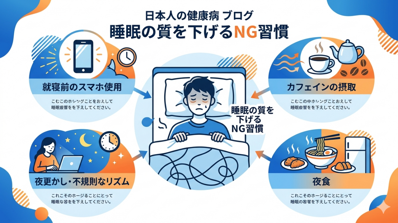 睡眠の質を下げるNG習慣を説明する図解イラスト