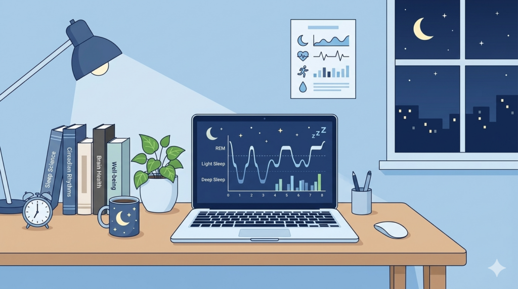 睡眠研究や健康情報をイメージした本とパソコンのイラスト