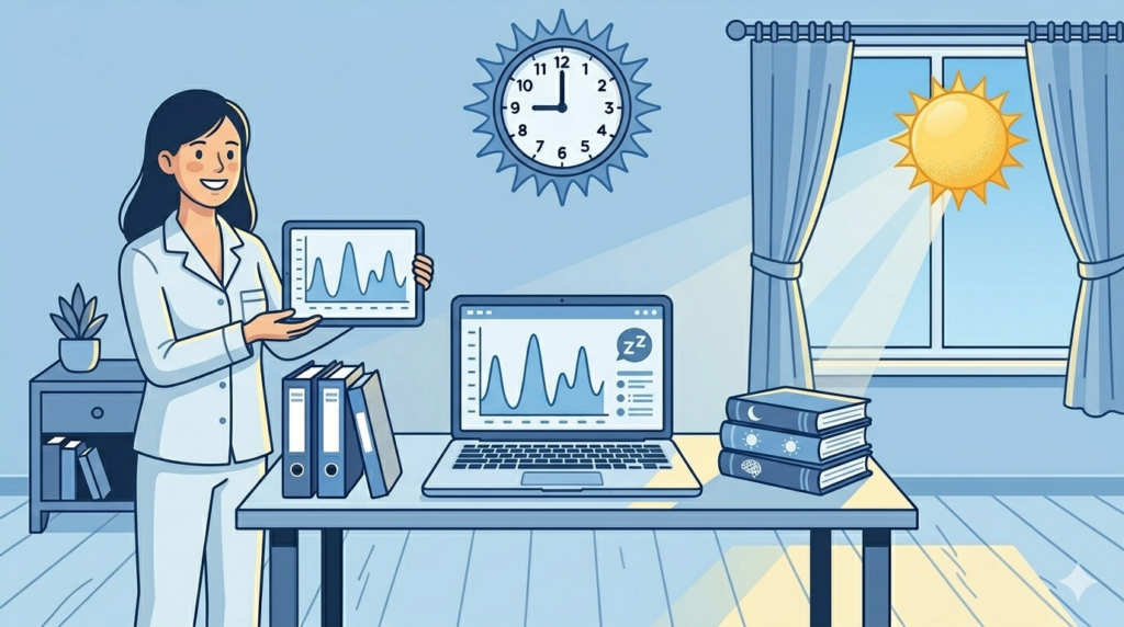 睡眠研究の情報を調べているノートパソコンと本のイラスト