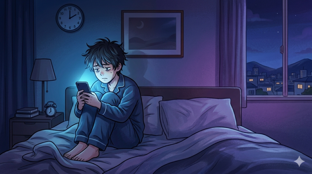 昼夜逆転の原因となる夜更かしのイメージ