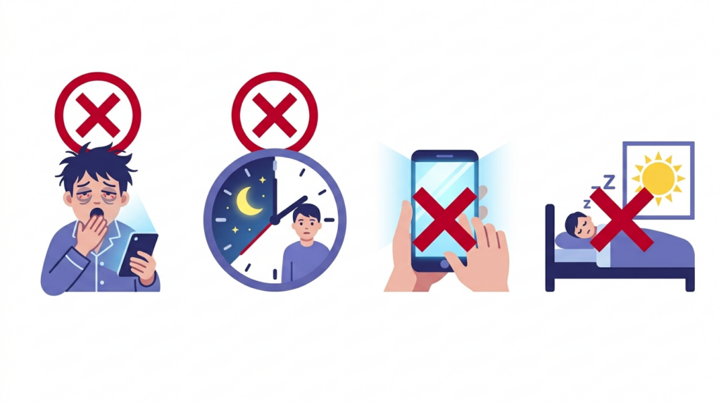 昼夜逆転の原因となるNG行動のイメージ