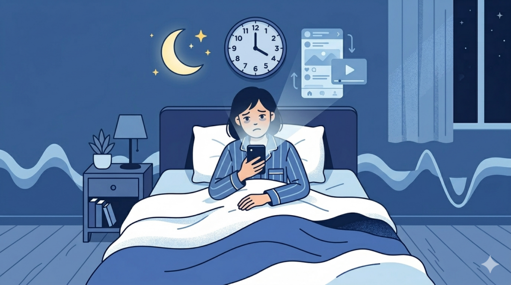 睡眠リズムが乱れる原因を表したスマートフォンと時計のイラスト