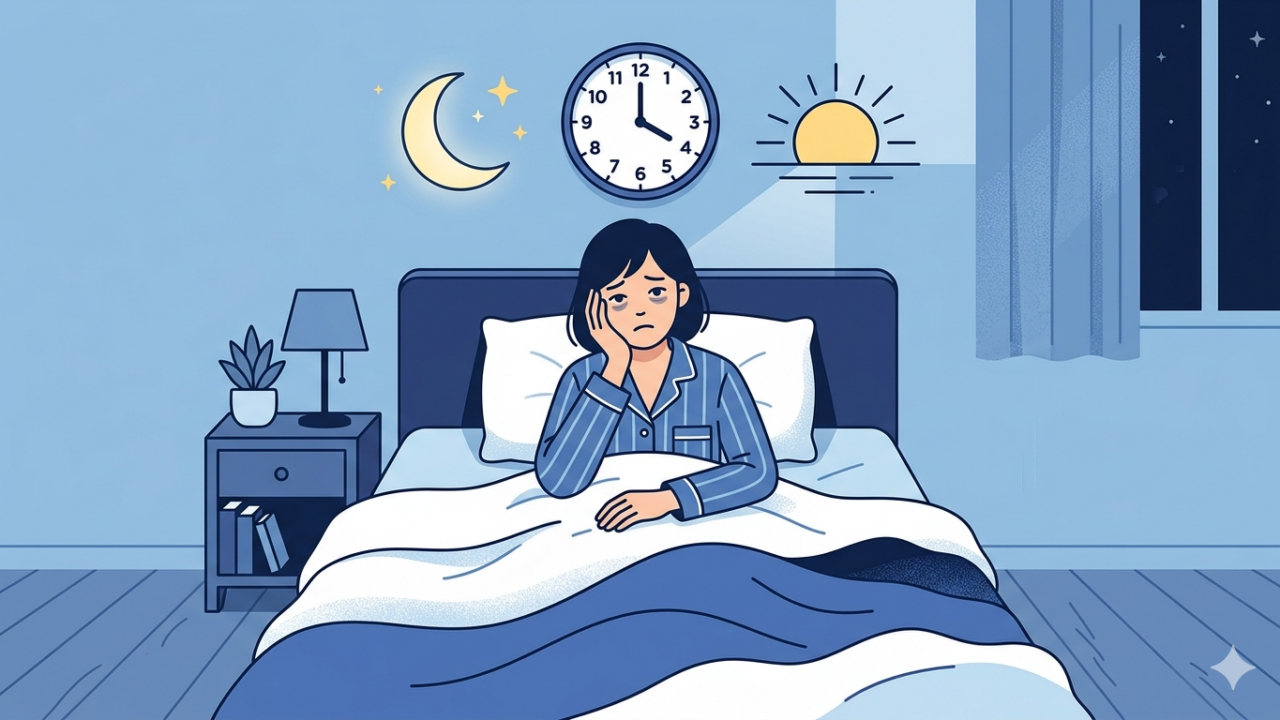 睡眠リズムが乱れて眠れない人物を表したイラスト