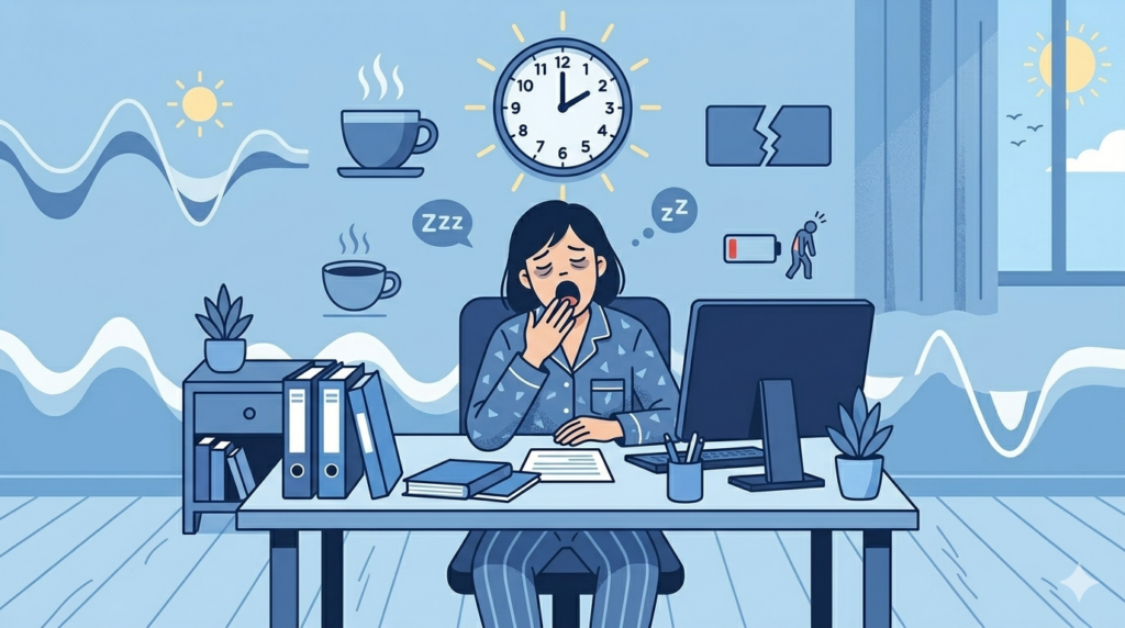 睡眠リズムの乱れで日中に眠そうにしている人物のイラスト