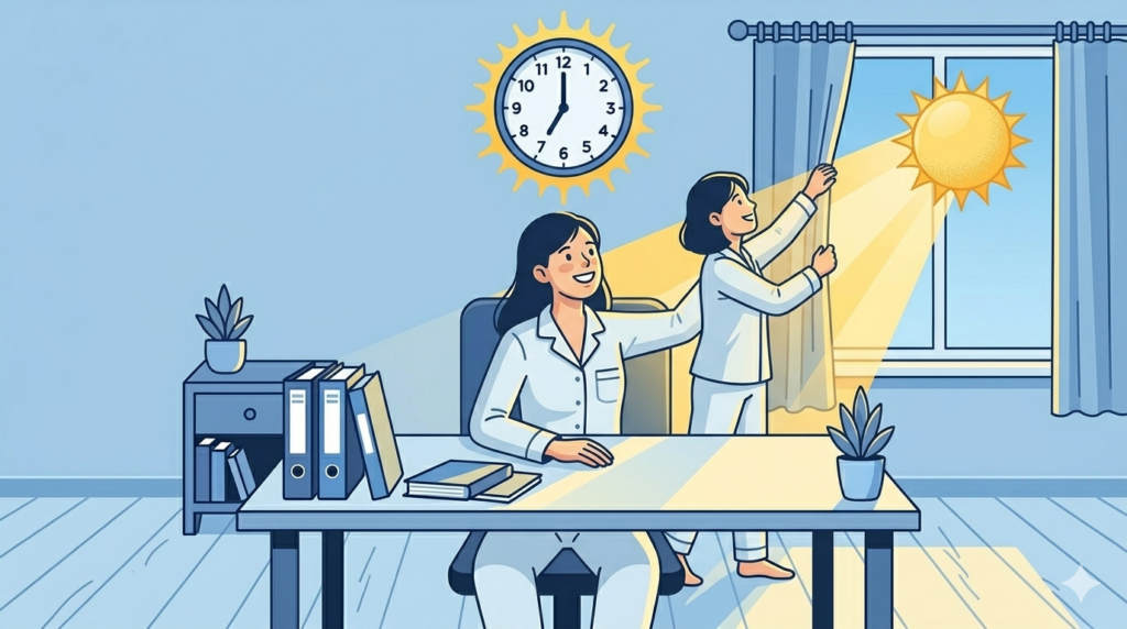 朝起きてカーテンを開けている人物のイラスト