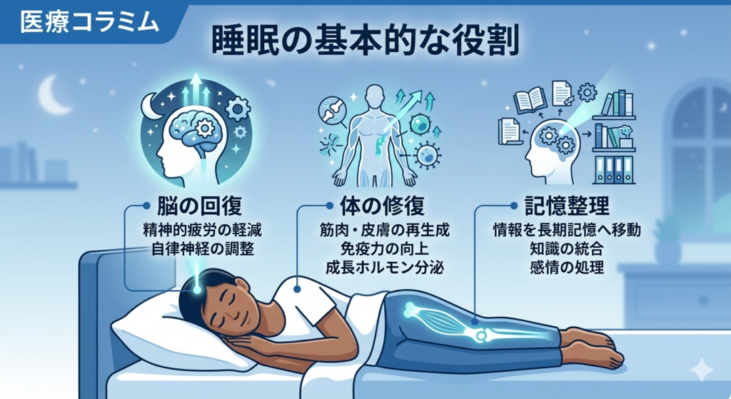 睡眠による脳と体の回復の仕組みを示すイラスト