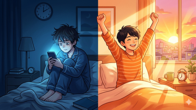 昼夜逆転と正常な生活リズムの対比イメージ