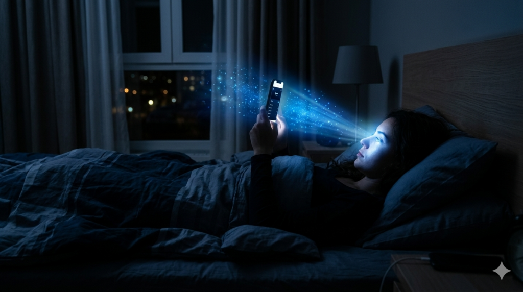 寝る前にスマートフォンを見る様子