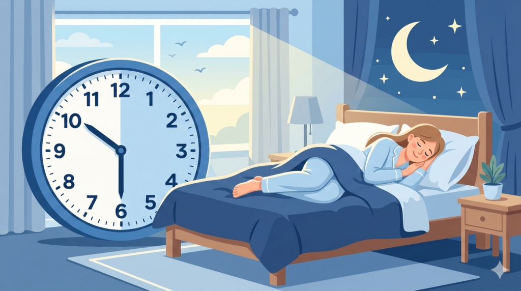 長時間睡眠をイメージしたベッドと大きな時計のイラスト