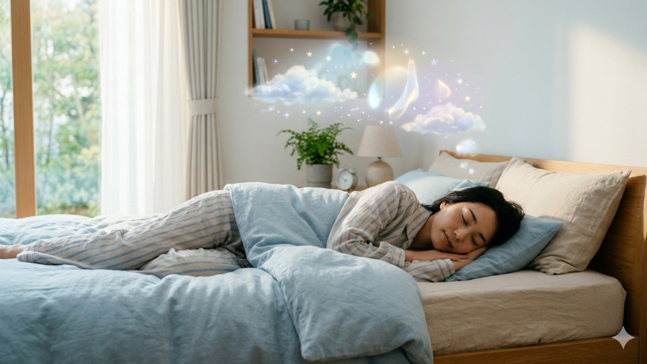 夢を見ながら眠る女性と睡眠のイメージ